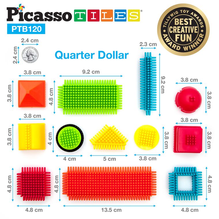 PicassoTiles PTB120 Bristle Shape Blocks 120-Piece Basic Building Set - tinkrLAB