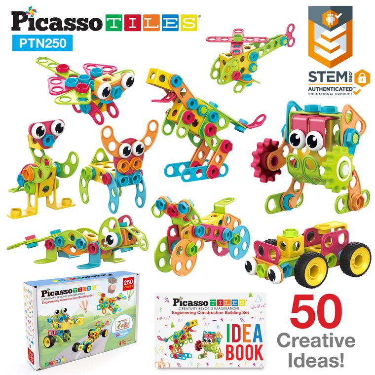 PicassoTiles 250 Piece Kid STEM Construction Engineering Kit - tinkrLAB