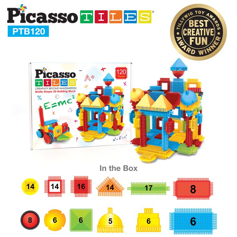 PicassoTiles PTB120 Bristle Shape Blocks 120-Piece Basic Building Set - tinkrLAB