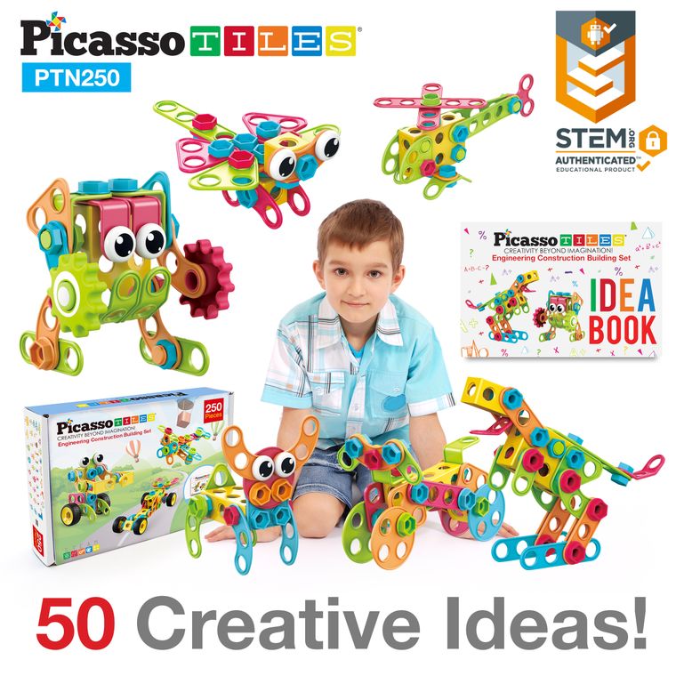 PicassoTiles 250 Piece Kid STEM Construction Engineering Kit - tinkrLAB
