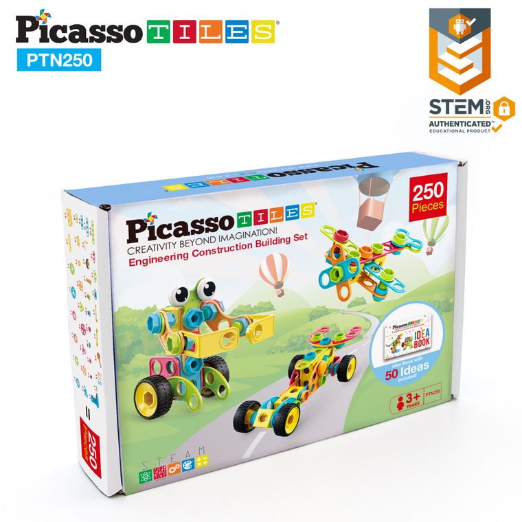 PicassoTiles 250 Piece Kid STEM Construction Engineering Kit - tinkrLAB