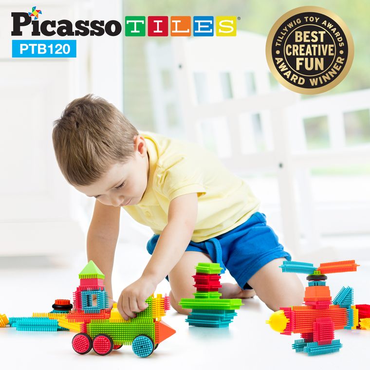 PicassoTiles PTB120 Bristle Shape Blocks 120-Piece Basic Building Set - tinkrLAB