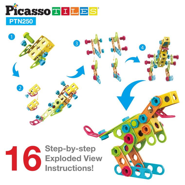 PicassoTiles 250 Piece Kid STEM Construction Engineering Kit - tinkrLAB