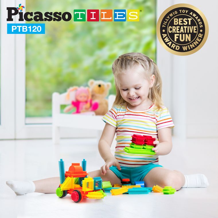 PicassoTiles PTB120 Bristle Shape Blocks 120-Piece Basic Building Set - tinkrLAB