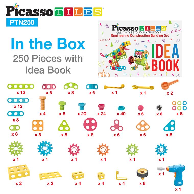 PicassoTiles 250 Piece Kid STEM Construction Engineering Kit - tinkrLAB