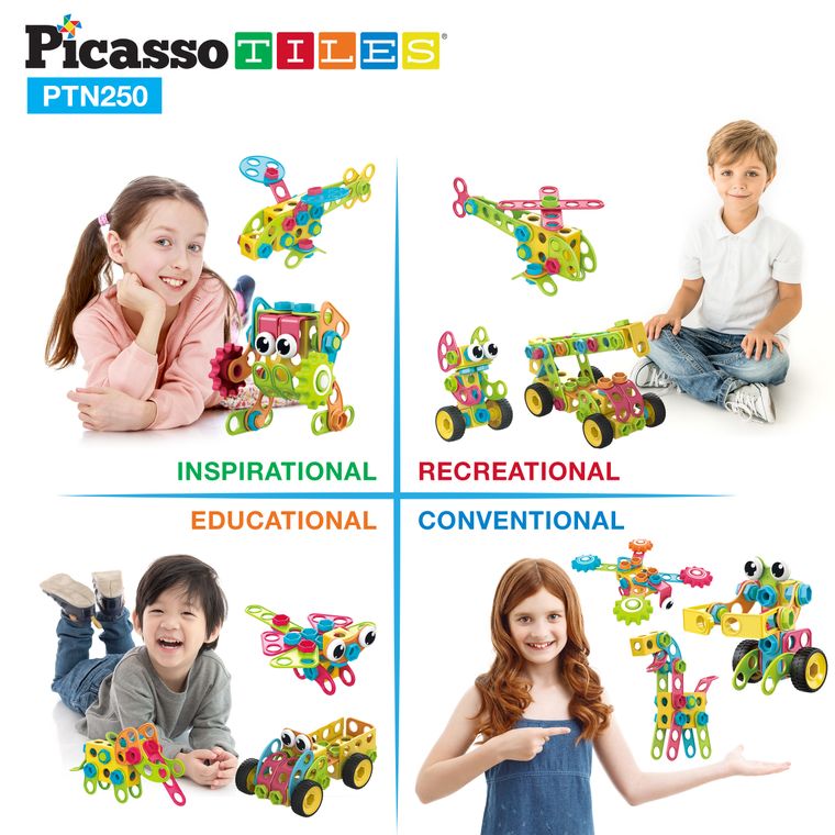 PicassoTiles 250 Piece Kid STEM Construction Engineering Kit - tinkrLAB