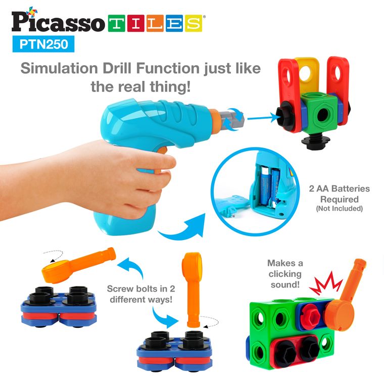 PicassoTiles 250 Piece Kid STEM Construction Engineering Kit - tinkrLAB