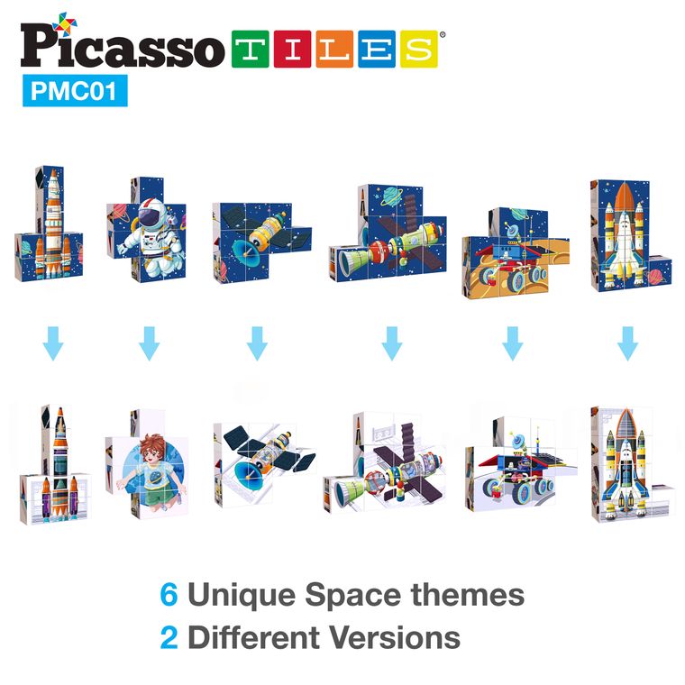 PicassoTiles 63 Piece Space Theme Building Blocks Sensory Toys PMC01 - tinkrLAB