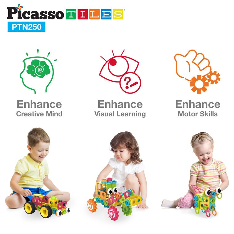 PicassoTiles 250 Piece Kid STEM Construction Engineering Kit - tinkrLAB