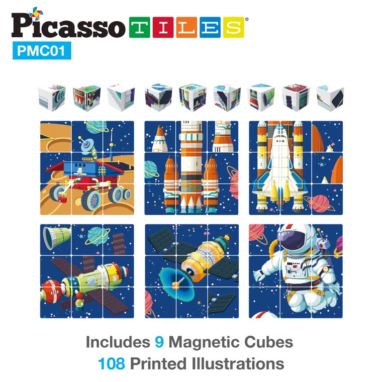 PicassoTiles 63 Piece Space Theme Building Blocks Sensory Toys PMC01 - tinkrLAB