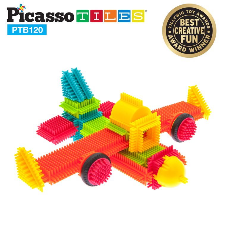 PicassoTiles PTB120 Bristle Shape Blocks 120-Piece Basic Building Set - tinkrLAB