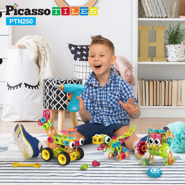 PicassoTiles 250 Piece Kid STEM Construction Engineering Kit - tinkrLAB