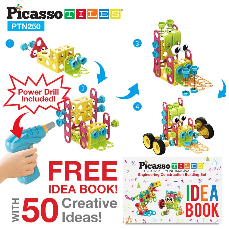 PicassoTiles 250 Piece Kid STEM Construction Engineering Kit - tinkrLAB