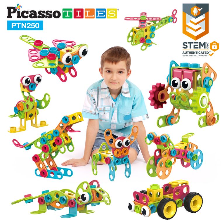 PicassoTiles 250 Piece Kid STEM Construction Engineering Kit - tinkrLAB