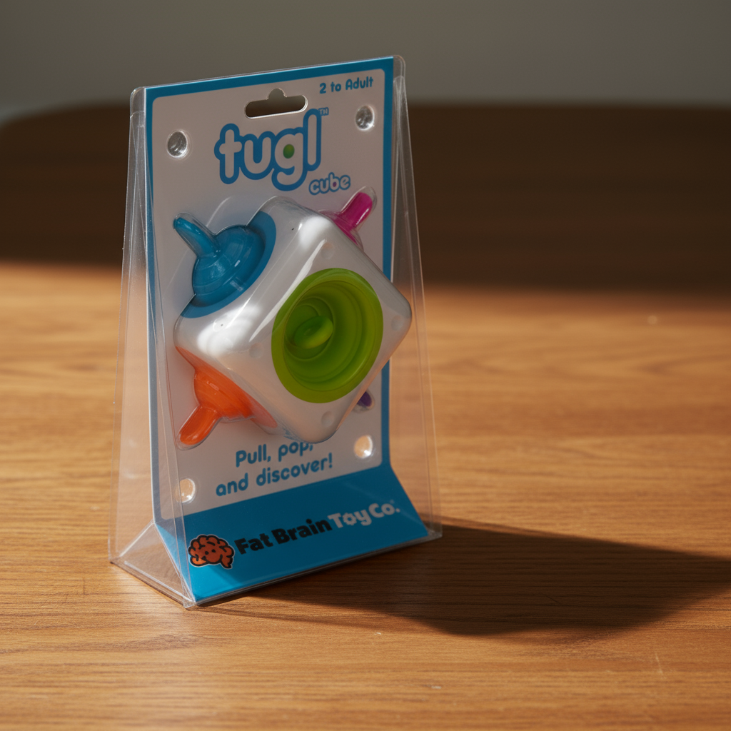 Packaged toy with colorful components on a white background